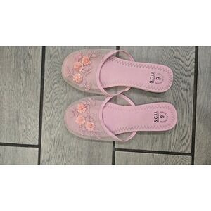 S.C.I.I. Pink Mesh Floral Sequin Beaded Slides Slippers Womens Size 9 Vintage